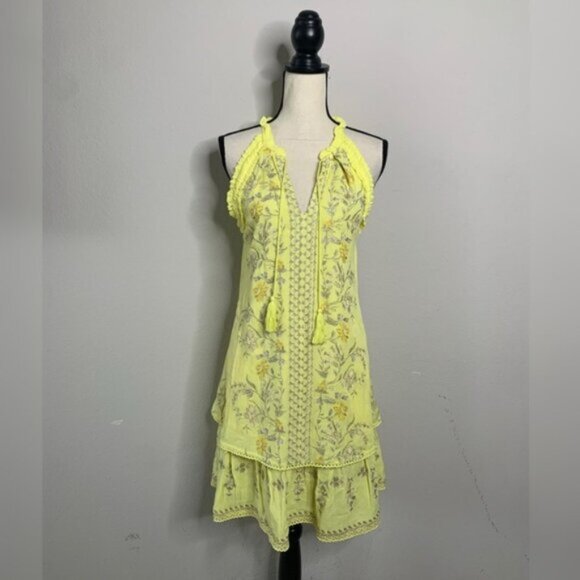 Hale Bob Yellow Embroidered Ruffle Hem Sleeveless Boho Mini Dress - Picture 10 of 13